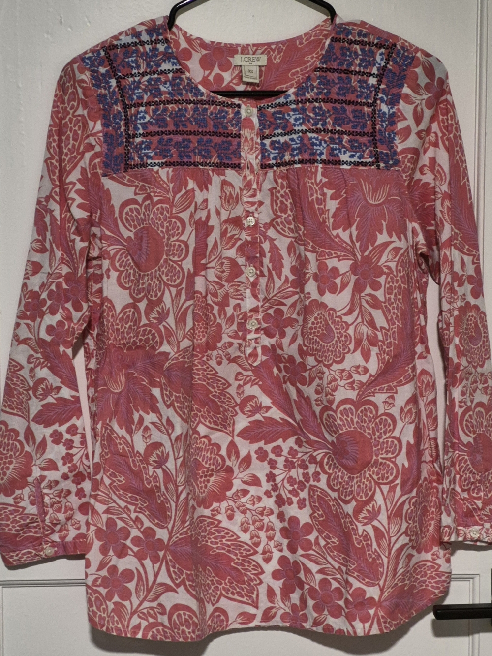 J. Crew Pink Floral Embroidered Yoke Long-Sleeve Top